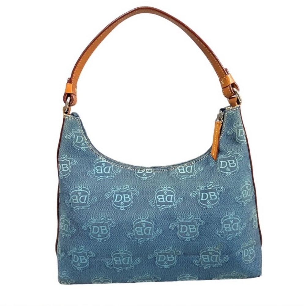 Dooney & Bourke Blue Monogram Canvas Shoulder Bag with Tan Leather Strap